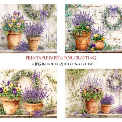 4 florale Lavendel Vintage Grafiken zum Download - 4 JPG Dateien, 300 dpi - Lavender- 600006