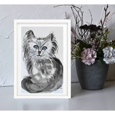 Aquarellbild Katze Original handgemalt – Mini Katzenbild auf Aquarellpapier 10 x 15 cm – Geschenk für K