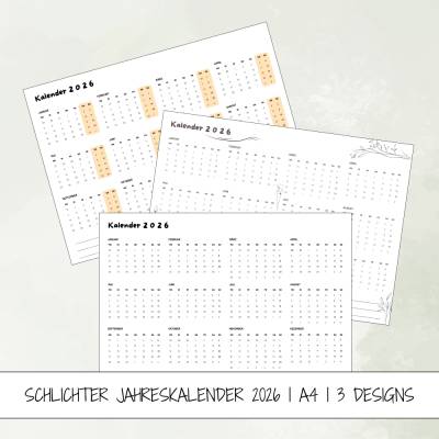 Kalender 2026 in der Jahresansicht zum Ausdrucken - 3er Set