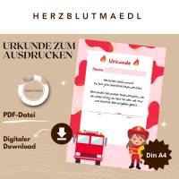 Personalisierte Feuerwehr Urkunde für Mädchen Feuerwehrparty in A4 - Ideales Geburtstags-Mitgebsel als Download Bild 1