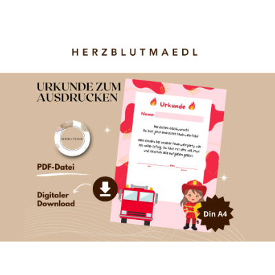 Personalisierte Feuerwehr Urkunde für Mädchen Feuerwehrparty in A4 - Ideales Geburtstags-Mitgebsel als Download