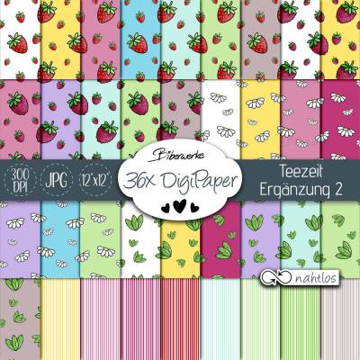 36x DigiPaper Teezeit Ergänzung 2 - Fruchtige DigiPapiere mit Erdbeeren & Kamille DigiPapier von Biberwerke zum Drucken