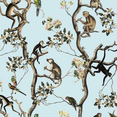 Postkarte Monkey, 10 Postkarten mit Affen und exotischen Vögeln in Bäumen auf Hellblau