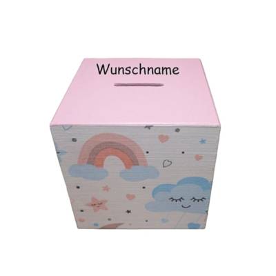 Spardose Würfel aus Holz mit Regenbogen personalisiert 10 x 10 x 10 cm