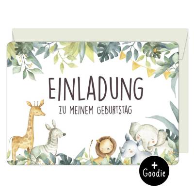 12 Tierkinder Einladungskarten mit passend farbig bedruckten Umschlägen