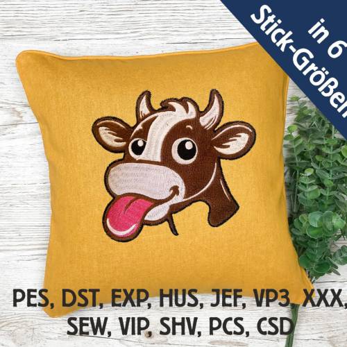 Stickdatei Applikation freche Kuh in 6 Größen, Maschinenstickerei, Stickmuster mit Tiermotiv