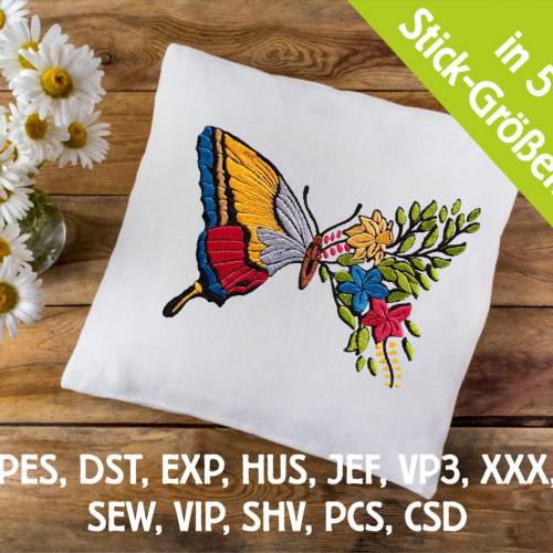 Stickdatei Schmetterling Blume in 6 Größen, Maschinenstickerei, Stickmuster mit Schmetterling und Blumen Motiv