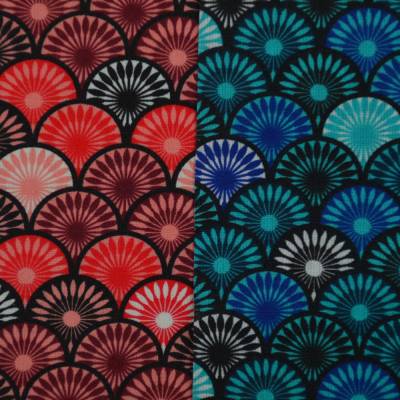 ♕ Baumwollstoff beschichtet Wachstuch mit Fächer Bogen Petrol und Rot 25 cm x 160 cm ♕