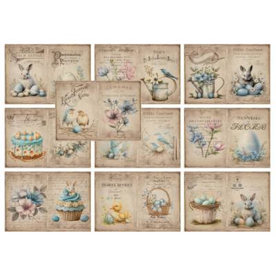 10 A4 Bogen - Decoupage - Bastelpapier - Vintage Easter - Ostern - Hase - Küken - 18065