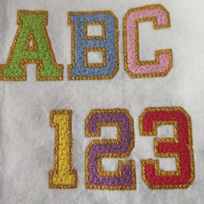 Stickdatei Vinyl Glitzer Chenille Schrift ca. 75mm ABC Buchstaben Zahlen Set 2542 Maschinenstickerei Applikation