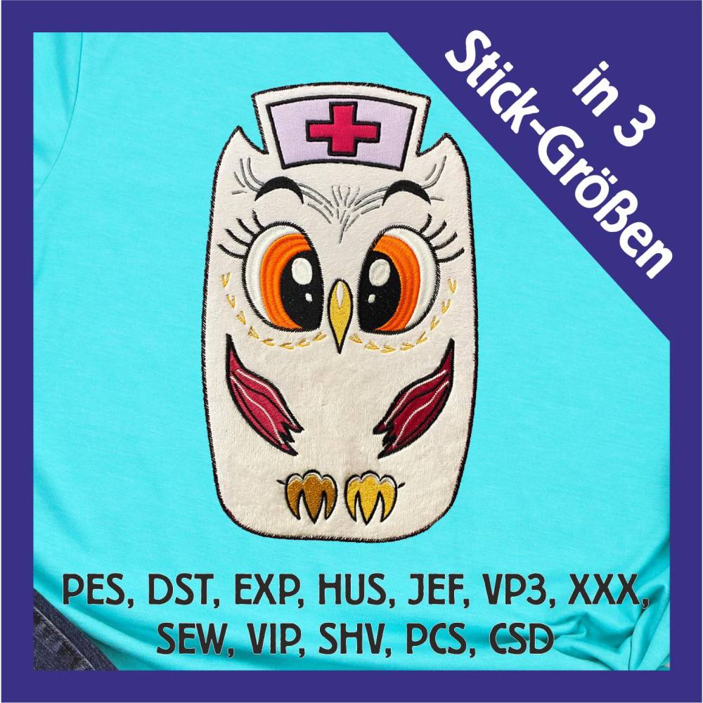 Stickdatei Applikation Eule Krankenschwester in 3 Größen, Maschinenstickerei, Stickmuster mit Tiermotiv Bild 1