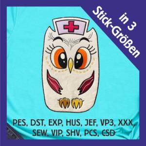 Stickdatei Applikation Eule Krankenschwester in 3 Größen, Maschinenstickerei, Stickmuster mit Tiermotiv Bild 1