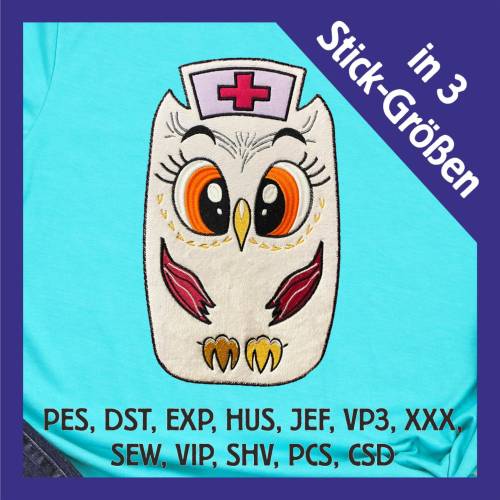 Stickdatei Applikation Eule Krankenschwester in 3 Größen, Maschinenstickerei, Stickmuster mit Tiermotiv