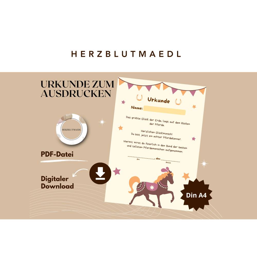 Reiterhof / Pferde Urkunde – Personalisierte A4 Mitgebsel für Kindergeburtstag & Reiterhof-Party Bild 1