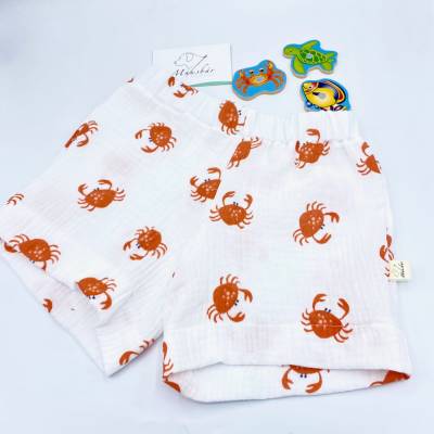  Kindershorts aus Musselin – Größe 86 / 92 – weiß mit orangen Krabben