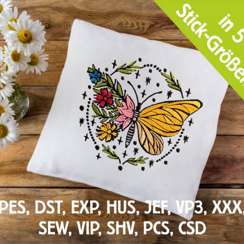 Stickdatei Schmetterling im Ring in 6 Größen, Maschinenstickerei, Stickmuster mit Schmetterling und Blumen Motiv
