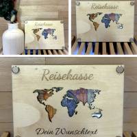 Geldgeschenk Weltkarte aus Holz – kreative Geschenkidee für Reisende | Holzkarte mit Gravur als Reisegutschein Bild 4