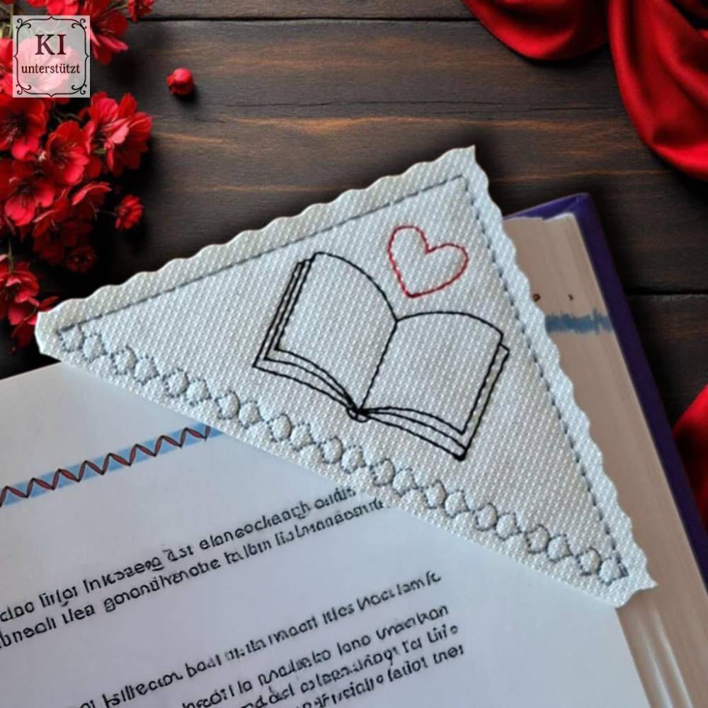 Stickdatei Set – ITH Leseecke & Lesezeichen ab 10x10 Rahmen mit Herz-Buch-Motiv Bild 1