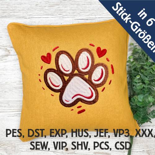 Stickdatei Hunde Pfote mit Herzchen in 6 Größen, Maschinenstickerei, Stickmuster mit Hundemotiv
