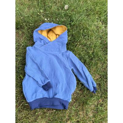 Musselin Hoodie Gr.80/86 Jeansblau mit blau-blauem Ringelbündchen
