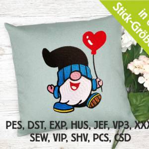 Stickdatei Gnom mit Herzballon in 6 Größen, Maschinenstickerei, Stickmuster mit Herz Motiv, süßer Gnom Bild 1