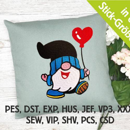 Stickdatei Gnom mit Herzballon in 6 Größen, Maschinenstickerei, Stickmuster mit Herz Motiv, süßer Gnom