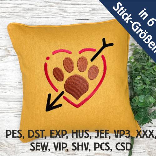 Stickdatei Hunde Pfote mit Pfeil im Herz in 6 Größen, Maschinenstickerei, Stickmuster mit Hundemotiv