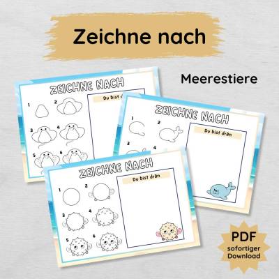 Zeichne nach - Meerestiere zeichnen lernen für Kinder, 9 Vorlagen zum Ausdrucken