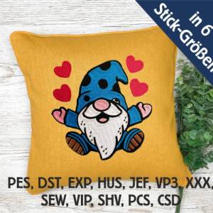 Stickdatei Gnom mit Herzen in 6 Größen, Maschinenstickerei, Stickmuster mit Herz Motiv, süßer Gnom Bild 1