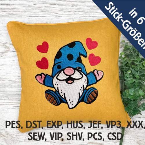 Stickdatei Gnom mit Herzen in 6 Größen, Maschinenstickerei, Stickmuster mit Herz Motiv, süßer Gnom