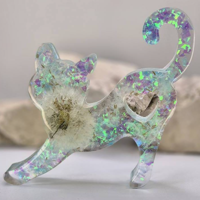 Katze mit Pusteblume blau-lila/LED Lichtsockel