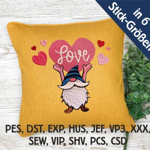 Stickdatei Love Gnom in 6 Größen, Maschinenstickerei, Stickmuster mit Herz Motiv