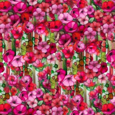 ♕ Jersey mit roten und pinkfarbenen Blüten 50 x 150 cm Nähen Stoff ♕