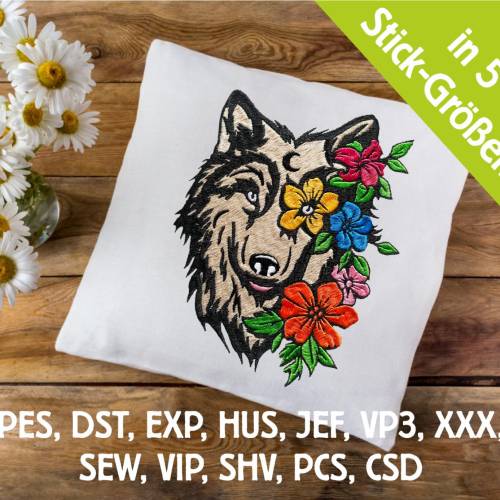 Stickdatei Wolf floral in 5 Größen, Maschinenstickerei, Stickmuster mit Tier-Motiv