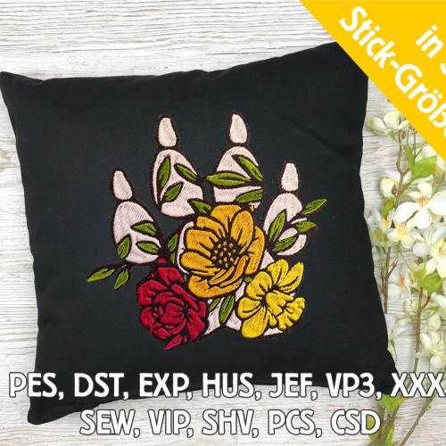 Stickdatei florale Hundepfote mit Kralle in 6 Größen, Maschinenstickerei, Stickmuster mit Hundemotiv