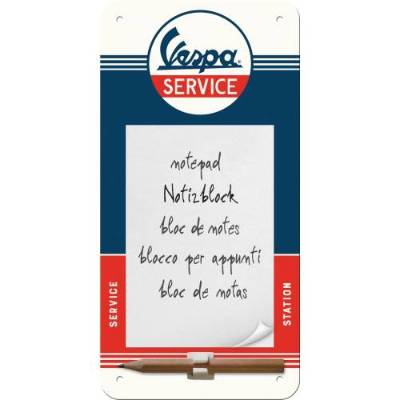 Vespa Service Blechschild 10x20 cm mit Notizblock & Stift – Magnetisch, 3D-Motiv, Made in Germany