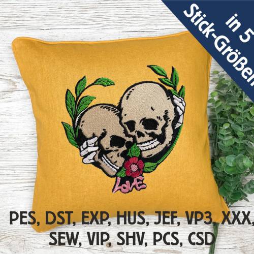 Stickdatei Totenkopf Love in 5 Größen, Maschinenstickerei, Stickmuster mit Skull-Motiv