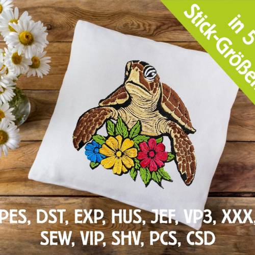 Stickdatei Schildkröte floral in 5 Größen, Maschinenstickerei, Stickmuster mit Tier-Motiv