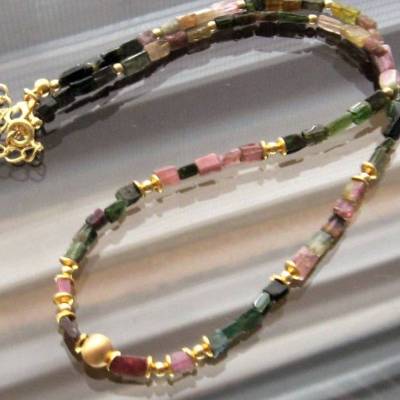 Turmalin Bunt/Multicolor Edelsteinkette/Collier ,,Regenbogen'' mit Silber 925 vergoldet, Geschenk für Sie