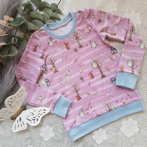 Sweatshirt Waldtiere auf rosa Streifen, Gestreifter Mädchenpullover mit Reh und Eule, Wunschgröße 68 - 110