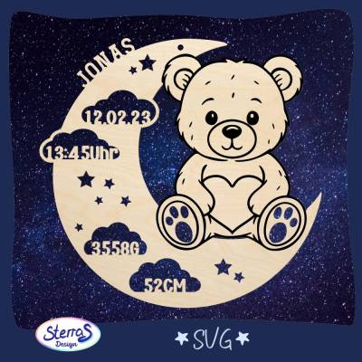 Laserdatei Mond mit Teddybär – personalisiertes Namensschild Geburt/Taufe, 4 Varianten, SVG für Holz