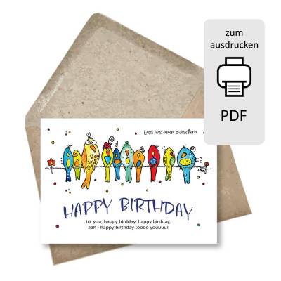 Geburtstagskarte zum Ausdrucken Vögel, Glückwunschkarte als Postkarte & Klappkarte - PDF