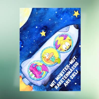 Mutmach-Postkarte „Mit Monster-Mut raketenmäßig zum Ziel!“ – Lustige Karte mit Rakete & Weltall | DIN A6 Kraftpapier