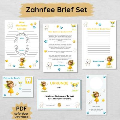 Brief von der Zahnfee Set für Kinder zum Ausdrucken, Wackelzahn Post inkl. Urkunde, Milchzahnkalender und mehr, gelb