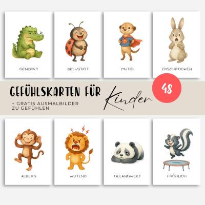 Tier Gefühlskarten für Kinder, Gefühle Kinder, Montessori Lernkarten, Emotionskarten zum ausdrucken