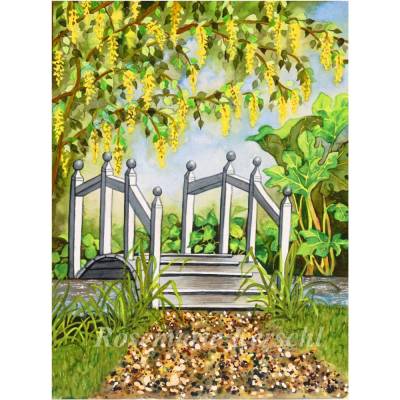 Aquarellbild Gartenbrücke handgemalt 40 x 30 cm Hochformat Unikat