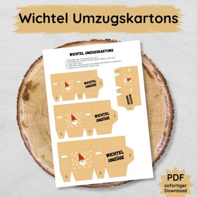 Wichtel Umzugskartons zum Ausdrucken, Miniatur Umzugskarton Druckvorlage Weihnachten