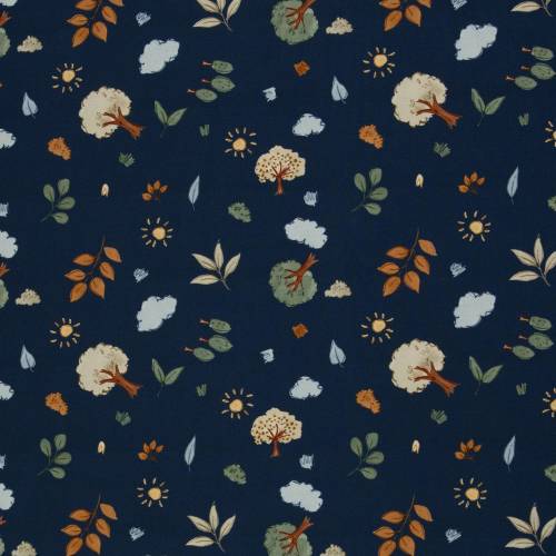 Swafing Jersey Forest Friends, Bäume und Blätter auf blau