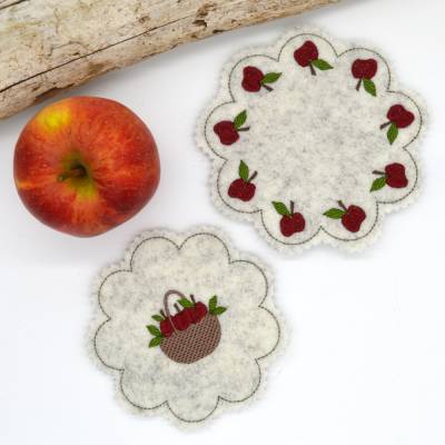 Stickdatei Mugrug Untersetzer Apfel Blumenform – ITH, 5 Größen, Apfel & Apfelkorb, vielseitig & kreativ