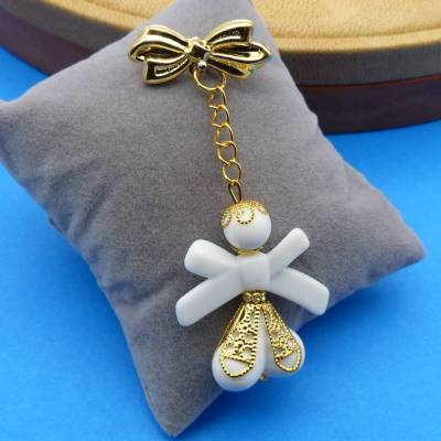 kleine Brosche, Schleife mit Engel, weiß, gold, Anstecknadel, 9 cm, Schmuck, Engelbrosche, Accessoires